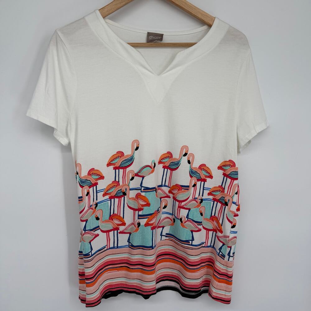 Chico’s Top Women’s Medium Flamingo Print Tropical Vacation Cruise Resortwear